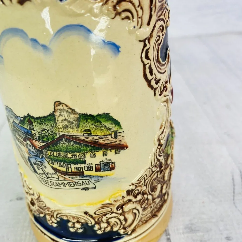 Vintage Original King Western Germany OBERAMMERGAU Handled Lidded 700 Beer Stein